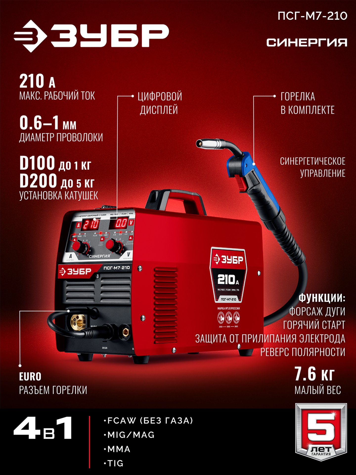 ЗУБР СИНЕРГИЯ, MIG / MAG, FCAW, MMA, TIG, 210 А, полуавтомат сварочный, с газом / без газа, горелка ПСГ-220 (ПСГ-М7-210) — фото 4
