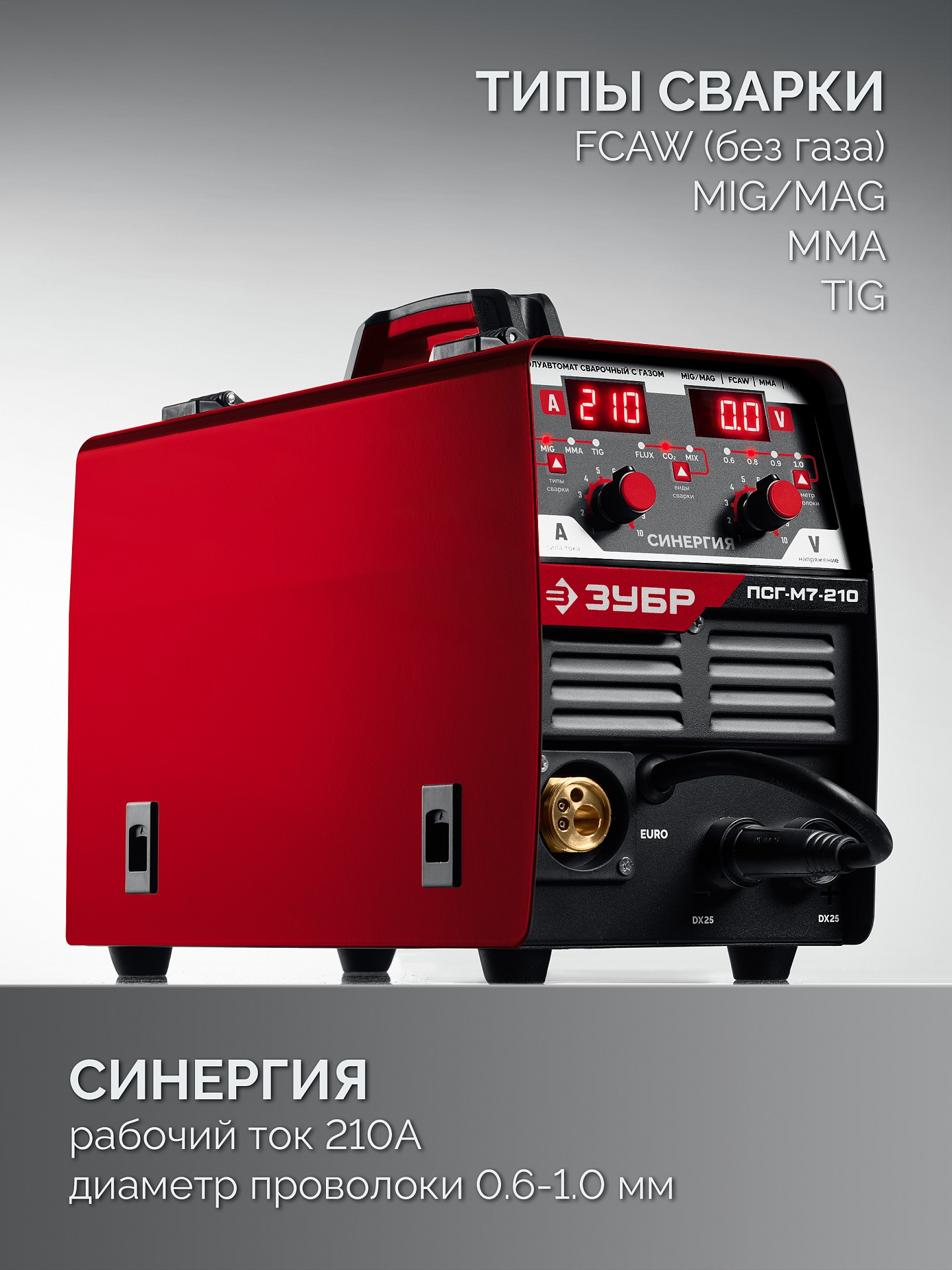 ЗУБР СИНЕРГИЯ, MIG / MAG, FCAW, MMA, TIG, 210 А, полуавтомат сварочный, с газом / без газа, горелка ПСГ-220 (ПСГ-М7-210) — фото 5