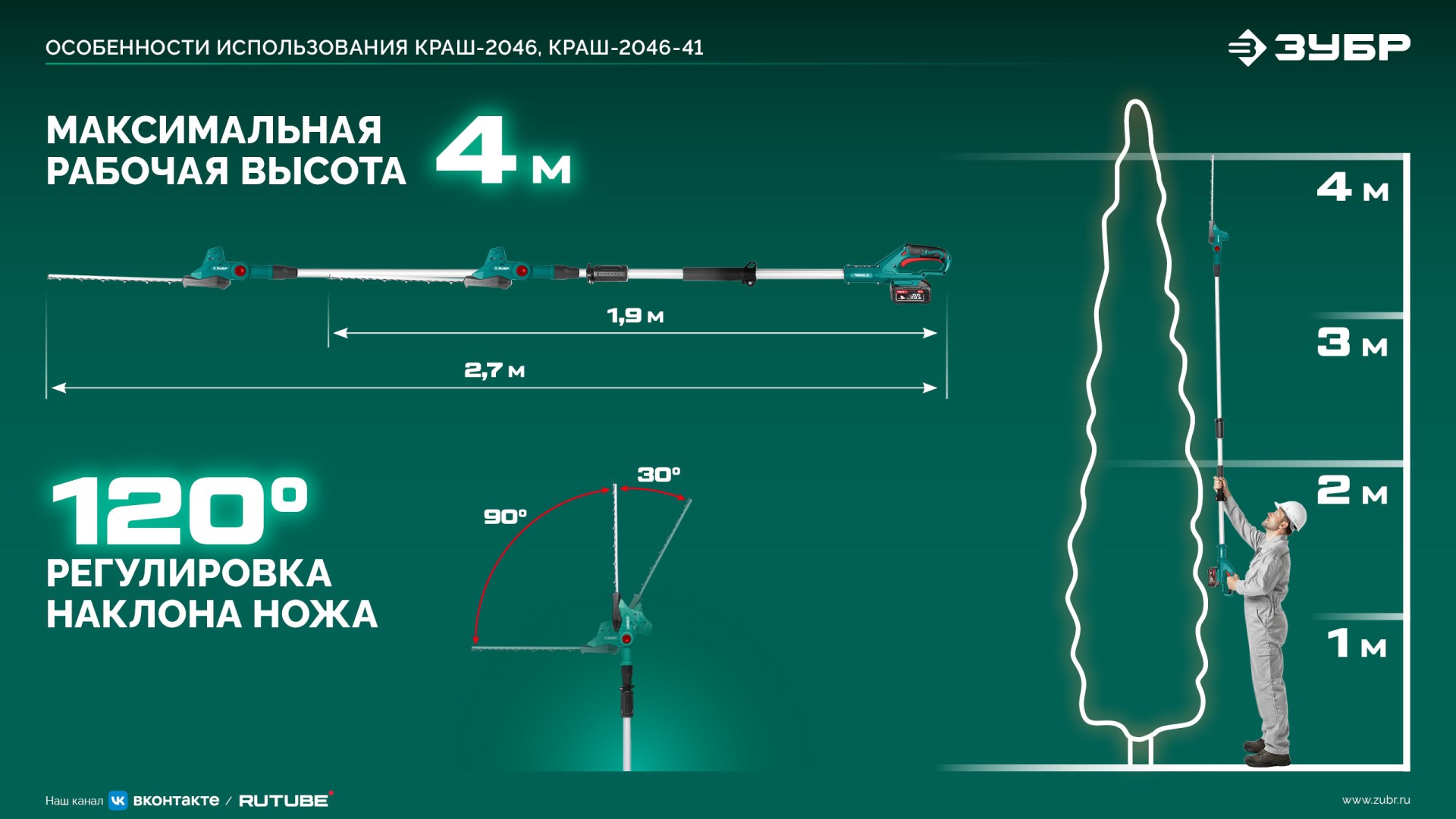 ЗУБР 20 В, 460 мм, 1 АКБ LMS (4 Ач), кусторез аккумуляторный со штангой (КРАШ-2046-41) — фото 27