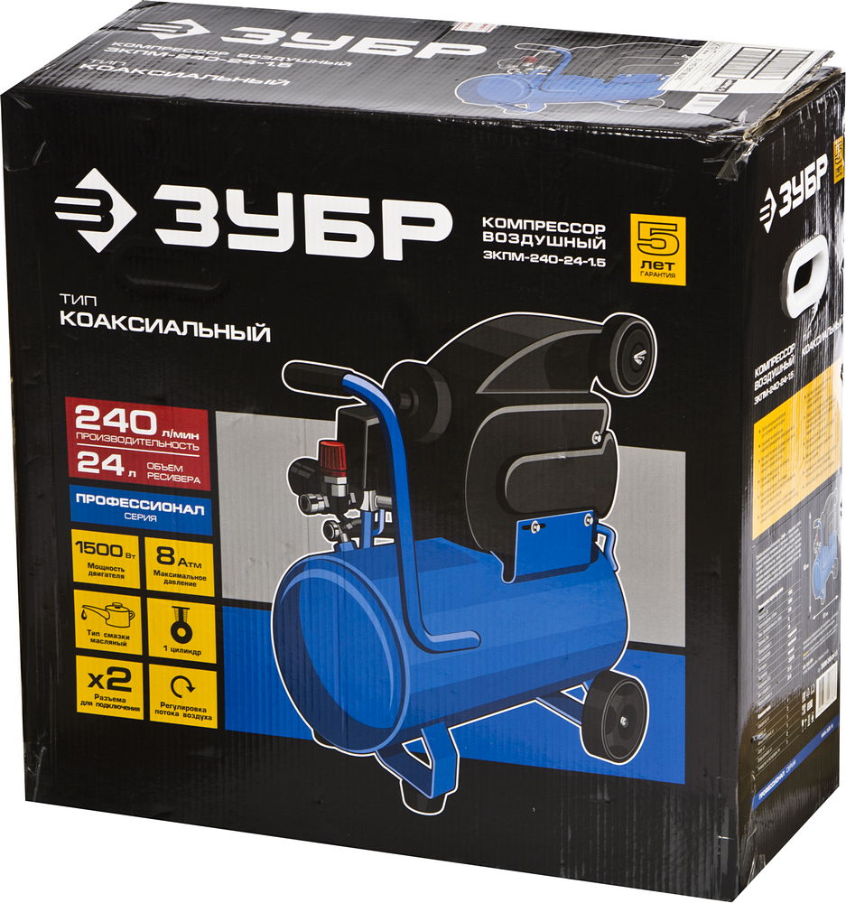 ЗУБР 240 л/мин, 24 л, 1500 Вт, масляный компрессор, Профессионал (ЗКПМ-240-24-1.5) — фото 9