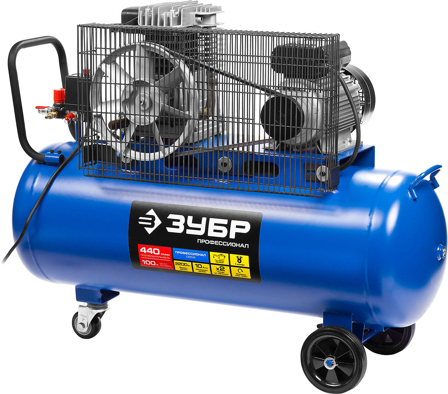 ЗУБР 440 л/мин, 100 л, 2200 Вт, ременной масляный компрессор, Профессионал (ЗКПМ-440-100-Р-2.2) — фото 3